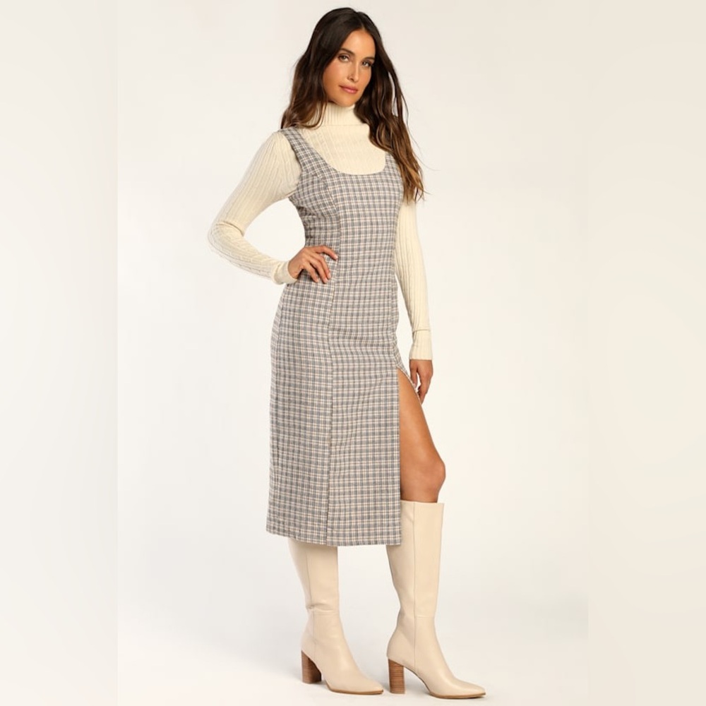 Brown Plaid Tweed Fall Midi Sleeveless Dress Lulus Totally a Cutie XS